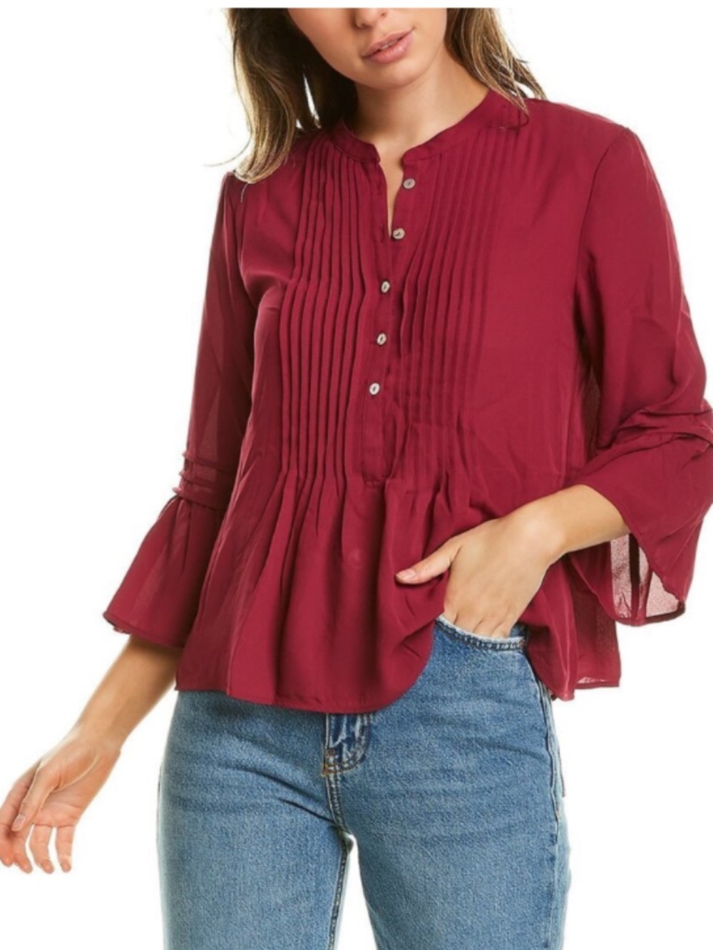 Eco Nanette Lepore Burgundy 3/4 Bell Sleeves Button Front Pleated Blouse XS NWT